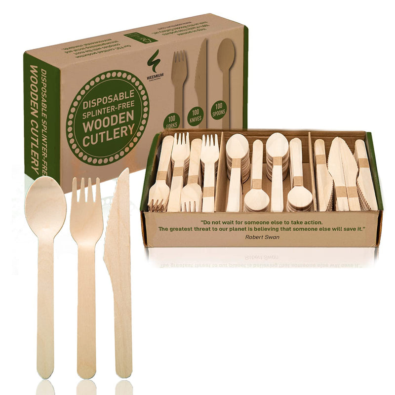 Weemium Disposable Wooden Cutlery Set - 300 Count (100 Forks 100 Knives 100 Spoons) – Plastic-free Packaging - Biodegradable Silverware and Splinter-free Compostable Utensils for Parties