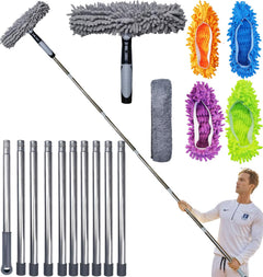 20+ Feet Reach 2 in 1 Window Washing Squeegee & Duster with 3-14 ft Spliceable Extension Pole // Window Cleaning Tool & Window Washer Squeegee with 5 Replace Pad for Home Indoor Outdoor Window Washing