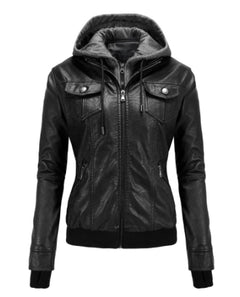 Women's Hooded Faux Leather Jacket with Fleece Lining