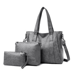 Classic Solid Color Faux Leather Bag Set (Large Capacity)