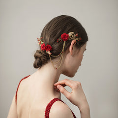 O388 Ethnic Red Bridal Headpiece with Fabric Flowers