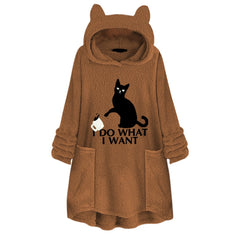Long Sleeve Cat Print Hoodie with Irregular Hem