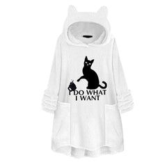 Long Sleeve Cat Print Hoodie with Irregular Hem