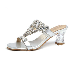Rhinestone Block-Heeled Diamond Flower Sandals