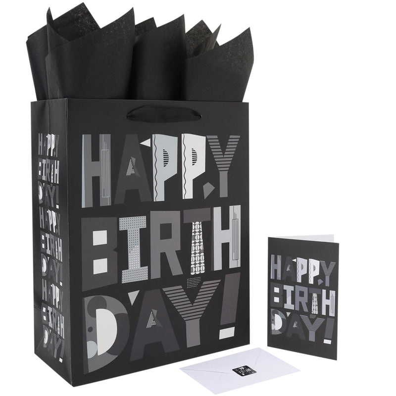 13” Large Black Happy Birthday Gift Bag Set with Handles Greeting Card Tissue Papers and Stickers for Women Men Girls Boys Kids Teens Cartoon Design 1 Pcs