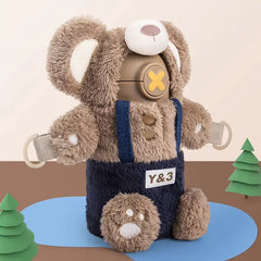 Cute Plush Bear Thermal Cup with Dual-purpose Straw 450ml