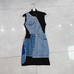 Autumn Contrast Color Denim Stitching Sleeveless Dress