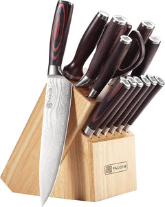 PAUDIN Kitchen Knife Set with Block 14 Pieces Knife Sets for Kitchen with Block High Carbon German Stainless Steel Sharp Chef Knife Set with Ergonomic Pakkawood Handle