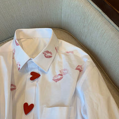 Korean Casual White Long Sleeve Shirt with Heart Print