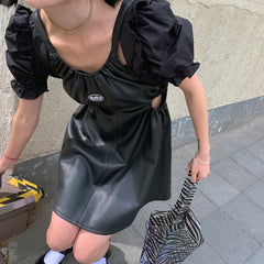 Summer Dark Style PU Leather Halter Dress with Cutouts