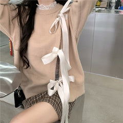 Ladies Bowknot Long Sleeve Round Neck Pullover