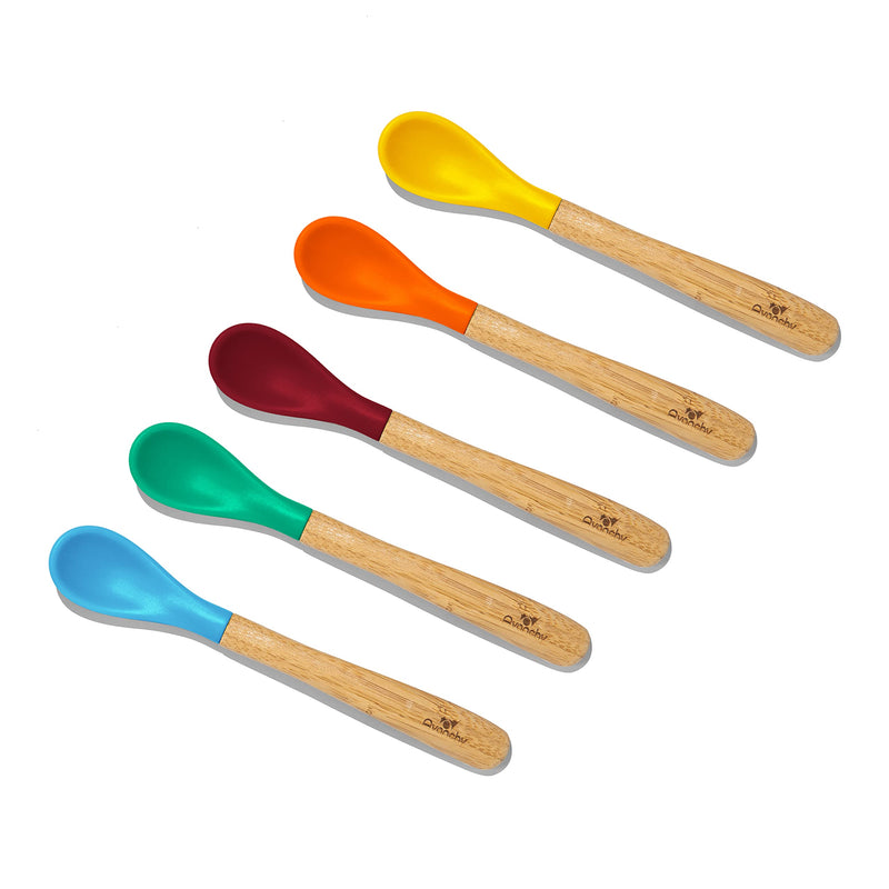 Avanchy Bamboo & Silicone Infant Training Spoons BPA Free - Soft Tip Easy on Gums First Stage Feeding Utensils for Baby-Led Weaning Self-Feeding Assorted w/Blue