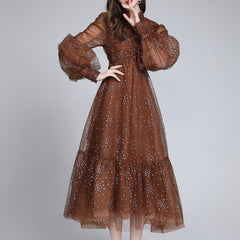 Women's Shiny Silk Print Mesh Star Waist Wrap Dress