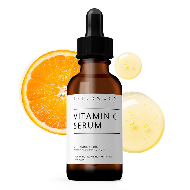 Asterwood Vitamin C Face Serum - with Hyaluronic Acid - Smoothing Hydrating Stimulates Collagen Production - Fragrance-Free - 1 Fl Oz