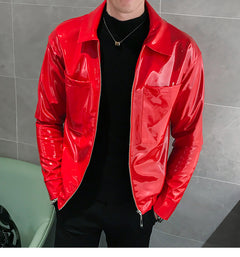 Men's Motorcycle Leather Jacket with Lapel Design