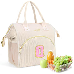 ADYOOM Personalized Lunch Box for Women Preppy Reusable Insulated Initials Lunch Bag Gift for Friend Large Wide-Open Water Resistant Adult Cooler Tote Bag for Work Travel Picnic Beige Q