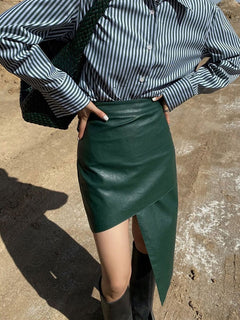 Irregular Mid-Length High Waist Leather Skirt