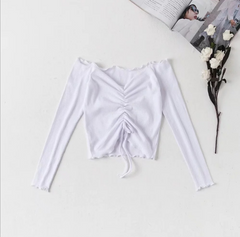 Long Sleeve Crop Top with Ruching and Off-Shoulder Design