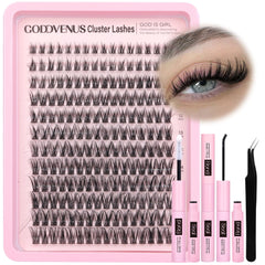 Goddvenus Lash Clusters Kit Wispy Lash Extension Kit Waterproof Lashes Clusters DIY Eyelash Clusters Kit with Natural Individual Eyelashes Lashes Glue Bond and Seal and Lash Tweezers (D Curl 192pcs)