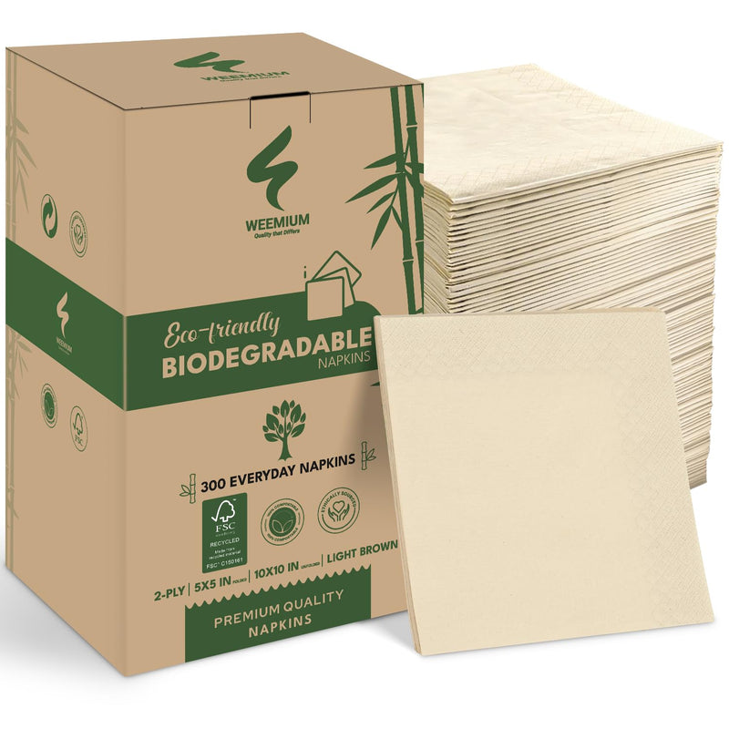 300 Pack 2-Ply Compostable Napkins - FSC Certified 5x5 Inch Folded Post Consumer Recycled Napkins - Highly Absorbent Eco friendly Napkins Disposable Biodegradable Paper Napkins for Dining and Events