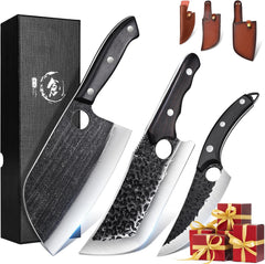 TIJERAS Butcher Knife Set 3PCS Hand Forged Meat Cleaver Serbian Chef Knife Set Viking Knives with Sheaths High Carbon Steel Meat Cutting Kitchen Knife Set for Kitchen Camping BBQ Gift Idea Men
