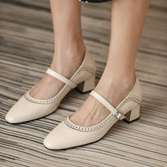 Vintage Floral Leather Mary Jane Heels with Block Heel