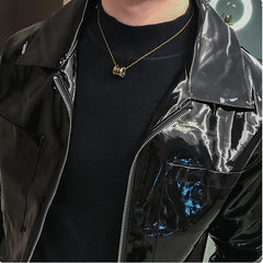Men's Motorcycle Leather Jacket with Lapel Design