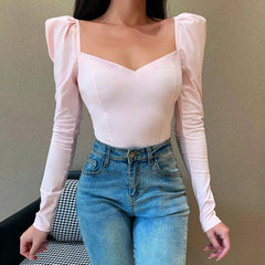 Spring French Style Square Neck Long Sleeve Top for Women