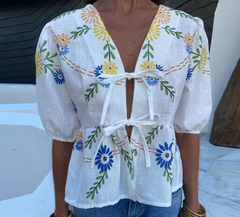 Elegant Flower Print Puff Sleeve Blouse for Women