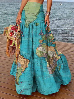 World Maps Print High-Waist Dress