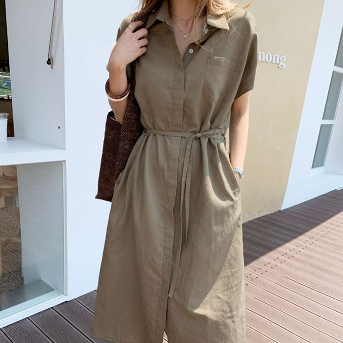 2024 New Women's Long Shirt Dress with Belted Waist