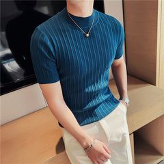Men's High Collar Slim Fit Striped Knit Shirt Set