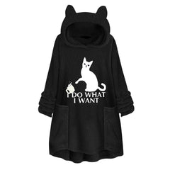 Long Sleeve Cat Print Hoodie with Irregular Hem