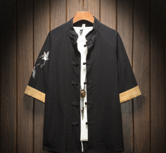 Embroidered Crane Short Sleeve Shirt with Frog Buttons