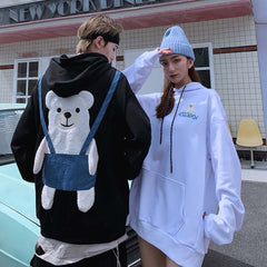 Embroidered Trendy Loose Sweater with Bear Towel Design