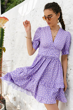 Purple V-Neck Polka Dot Ruffle Hem Dress