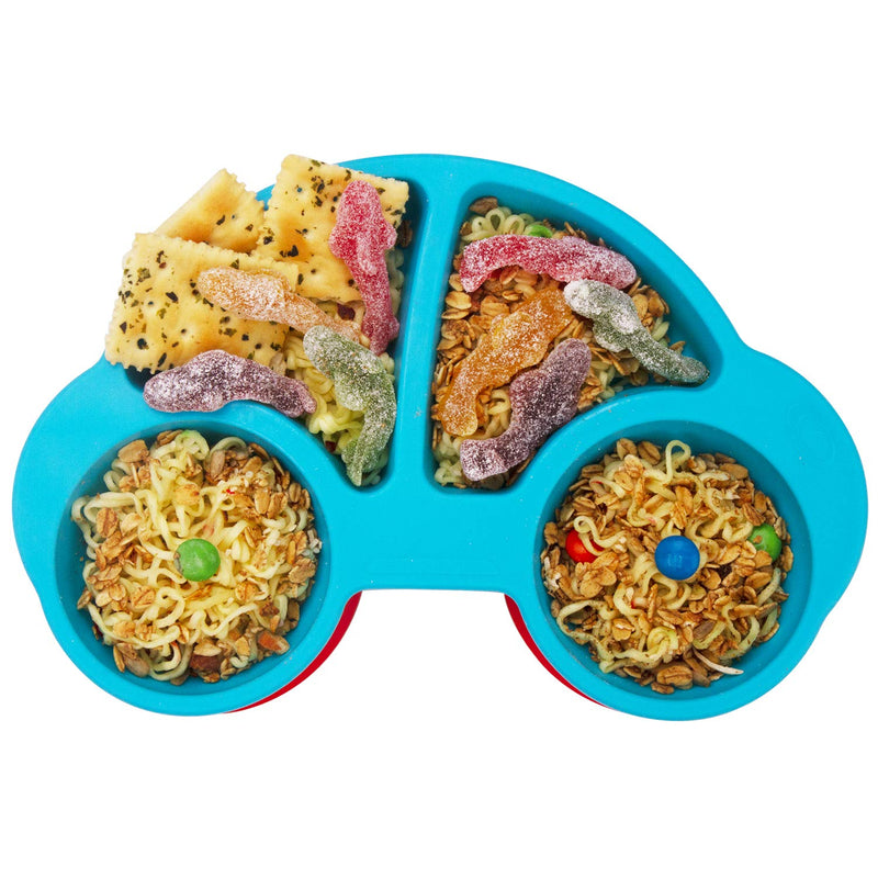 Baby Plate Silicone Suction Toddler Plates Divided Dishes for Toddler Kids Self Feeding BPA Free Microwave & Dishwasher Safe (Car-Blue)