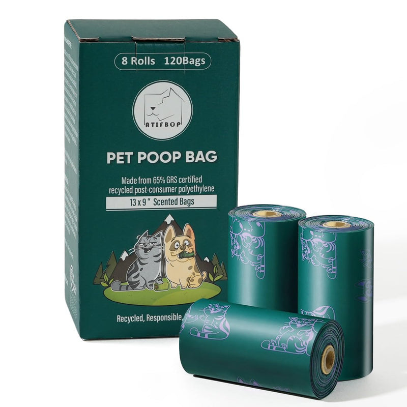 ATIFBOP Dog Poop Bags Rolls Extra Thick and Leak-proof Recycled Poop Bags for Dogs 8 Refill Rolls Scented Waste Bag for Dog and Cat Made from 65% Recycled Plastics
