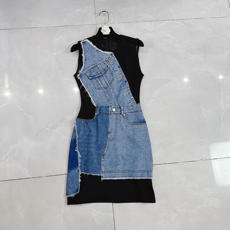 Autumn Contrast Color Denim Stitching Sleeveless Dress
