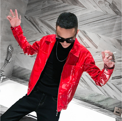 Men's Motorcycle Leather Jacket with Lapel Design