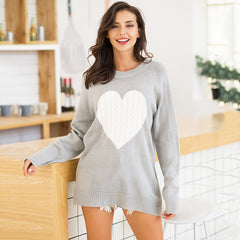 Peach Heart Knit Round Neck Pullover Sweater for Women