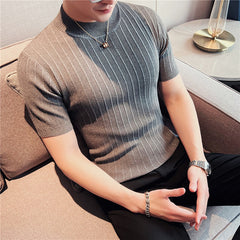 Men's High Collar Slim Fit Striped Knit Shirt Set