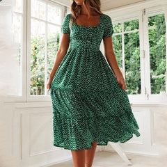 Women's Floral Dress with Square Neck and Bubble Sleeves