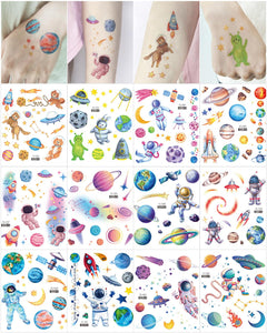 Onogola 12 Sheets Glitter Space Temporary Tattoo Kids Cute Astronaut Rocket Planet Fake Tattoo Stickers Waterproof for Boys Girls Children Party Birthday Decorations Favors Supplies Gifts