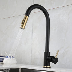 Retractable Gold and Black Kitchen Faucet with Swivel