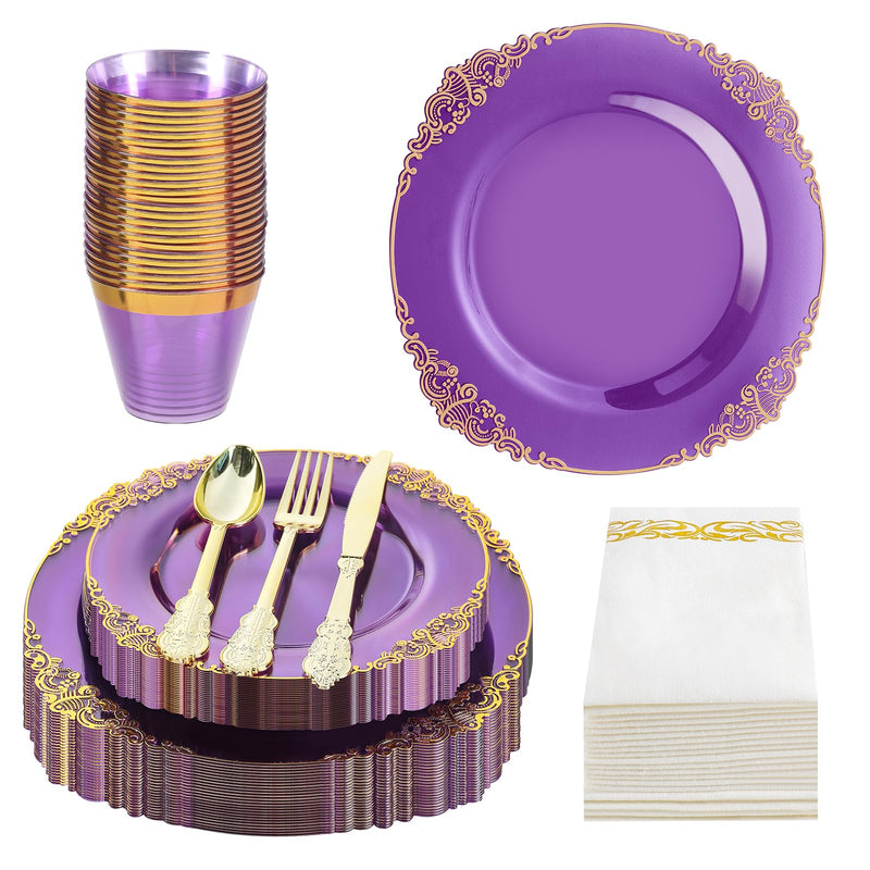 175 PCS Clear Purple and Gold Plastic Dinnerware Set for 25 GuestsDisposable Elegant Plates with Gold Rim25 Dinner Plates25 Dessert Plates75 Silverware25 Cups25 Napkins for WeddingsParty