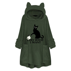 Long Sleeve Cat Print Hoodie with Irregular Hem