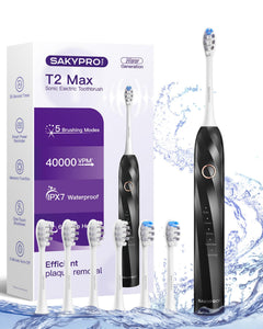 SAKYPRORAL 40000 VPM Electric Toothbrush for Adults & Kids - Ultra Whitening Sonic Toothbrushes – 5 Modes with Smart Timer – 70-Day Long-Lasting Rechargeable Toothbrush 6 Soft Brush Heads (T2 Max)