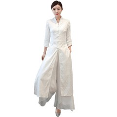 Retro Cotton Linen Qipao Dress with Seven-Point Sleeves