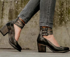 Rubber Sole Chunky Heel Boots with Metal Buckle